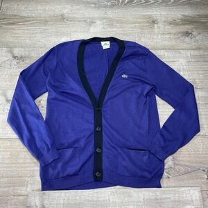 Lacoste Sweater Mens Large Purple Navy Cardigan V Neck‎ Button Front Pockets